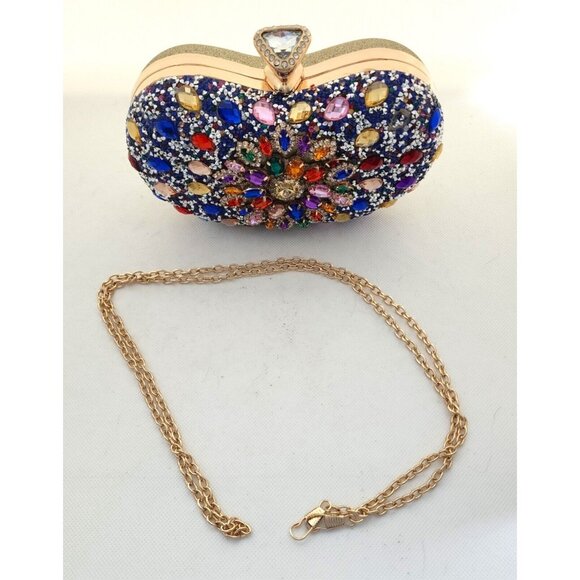 PURSE/CLUTCH-Encrusted in Rhinestones on Front-Gold Back-Shoulder Chain-Clutch - Picture 12 of 16